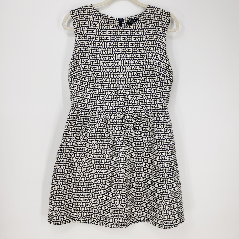 PIT‎ Amsterdam Geometric Tile Fit & Flare Mini Dress Womens Sz 8 Navy Blue Cream